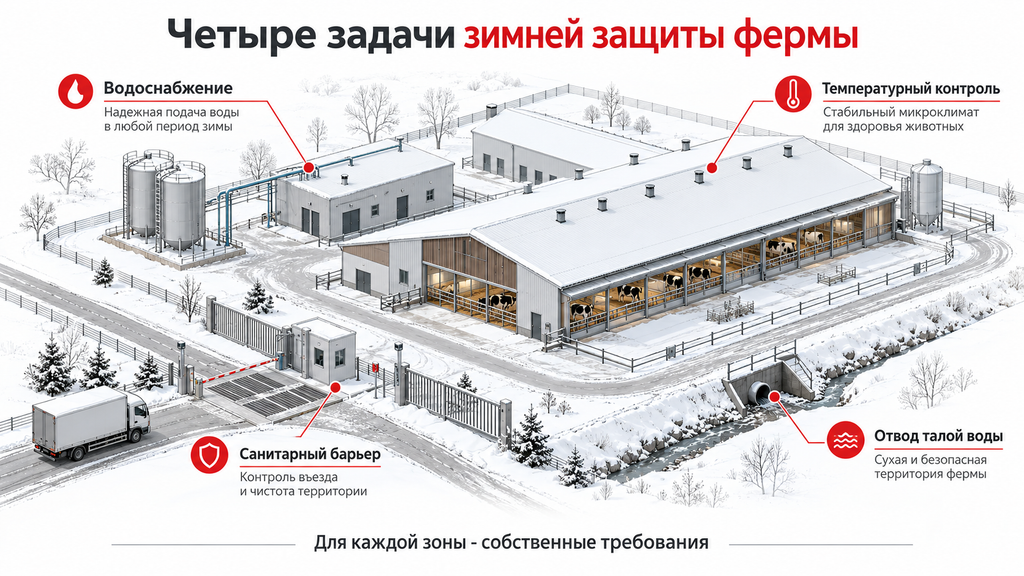 Инженерная схема обогрева сельхозобъекта с зонами водоснабжения, дезбарьера, дренажа и локального температурного контроля